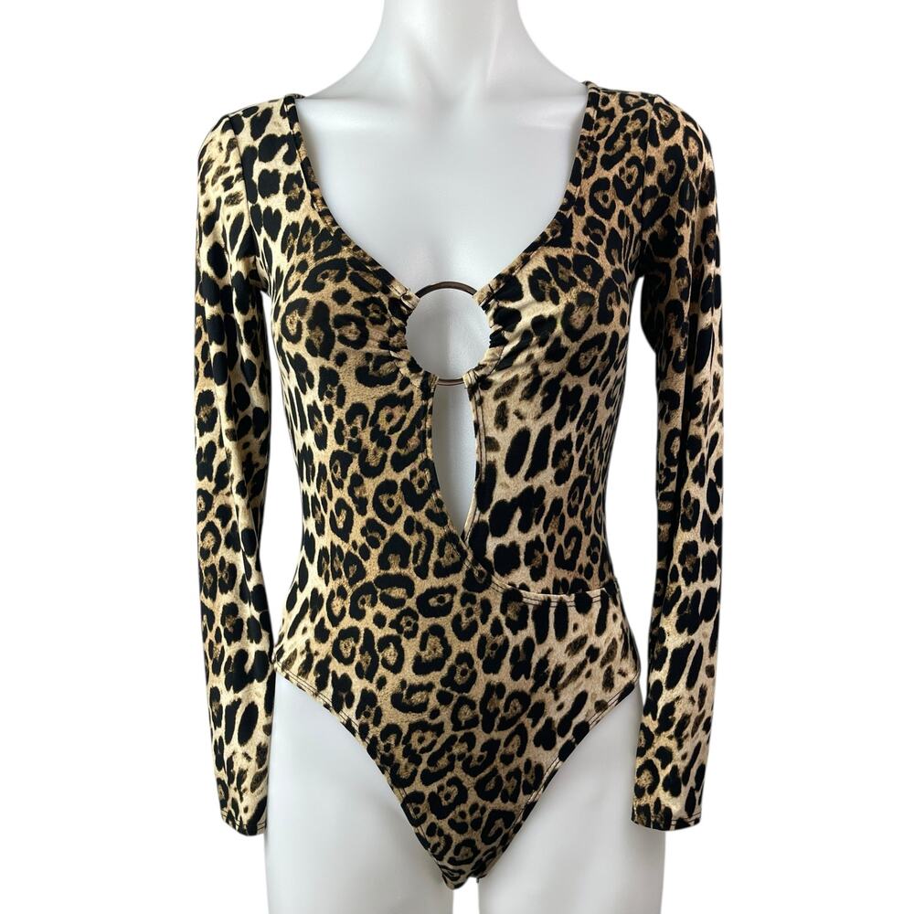 Day & Night Beige Black Leopard Long Sleeve Ring Plunge Bodysuit Top Size S